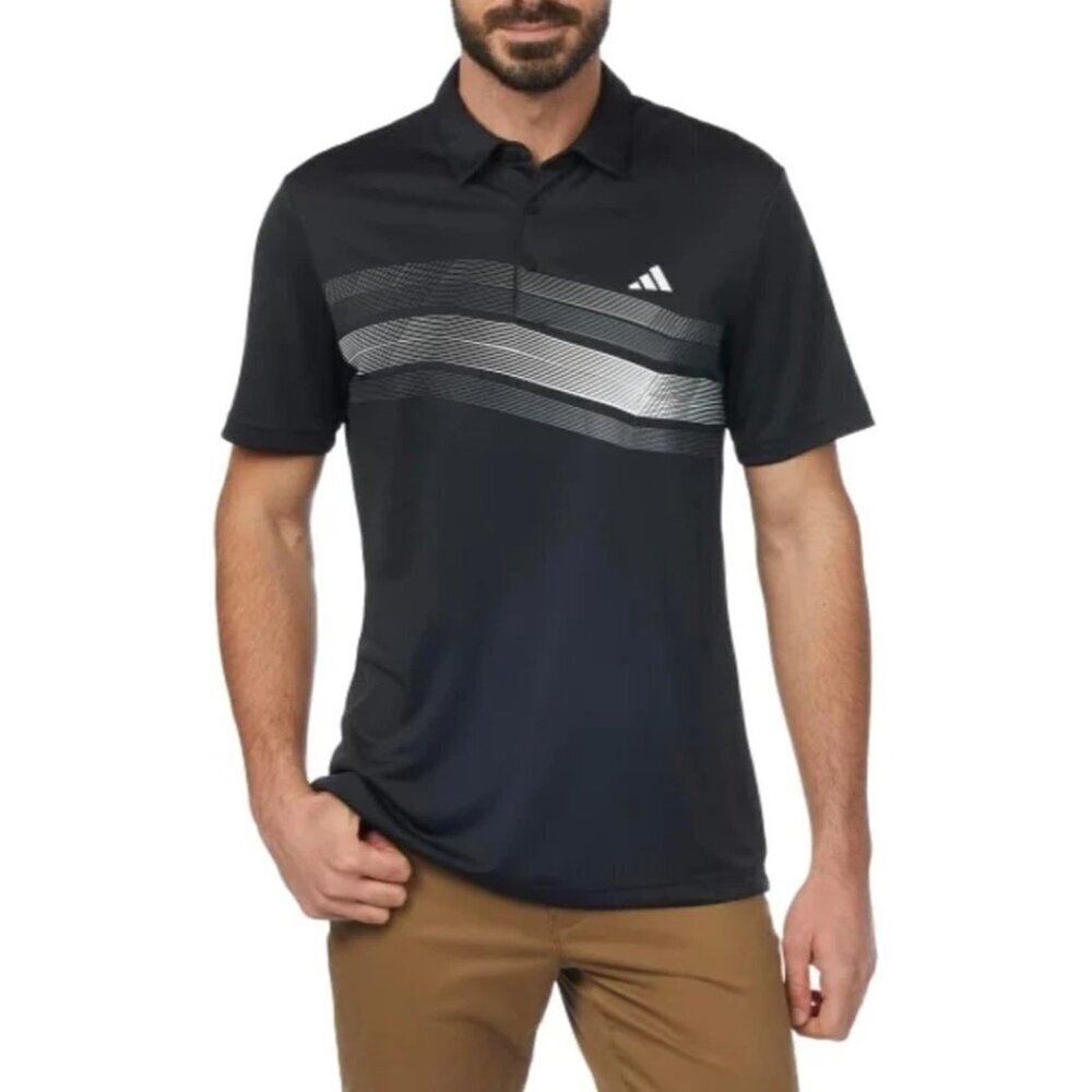 NEW Adidas Golf Polo Men's M Black & Gray Stripe Polyester Shirt